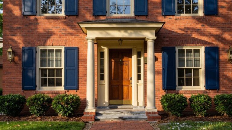 Red brick Colonial house facade centered on a wooden front door under a white pedimented portico supported by two fluted columns, with lanterns, brass knocker, blue shutters on flanking windows, brick path, and boxwoods.