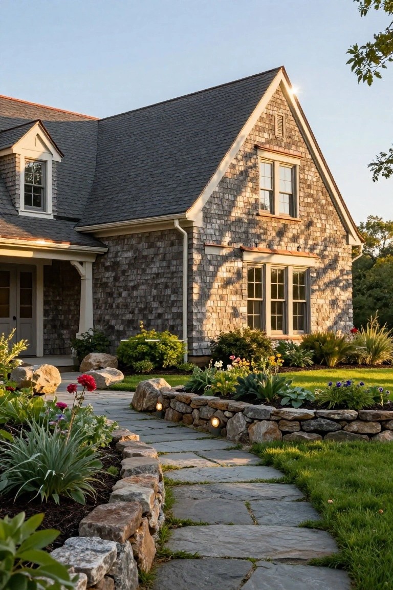 Gray shingle-clad house with gabled roof, white trim windows, and covered porch, approached by a curved flagstone path bordered by dry-stacked stone walls, boulders, and garden plantings.