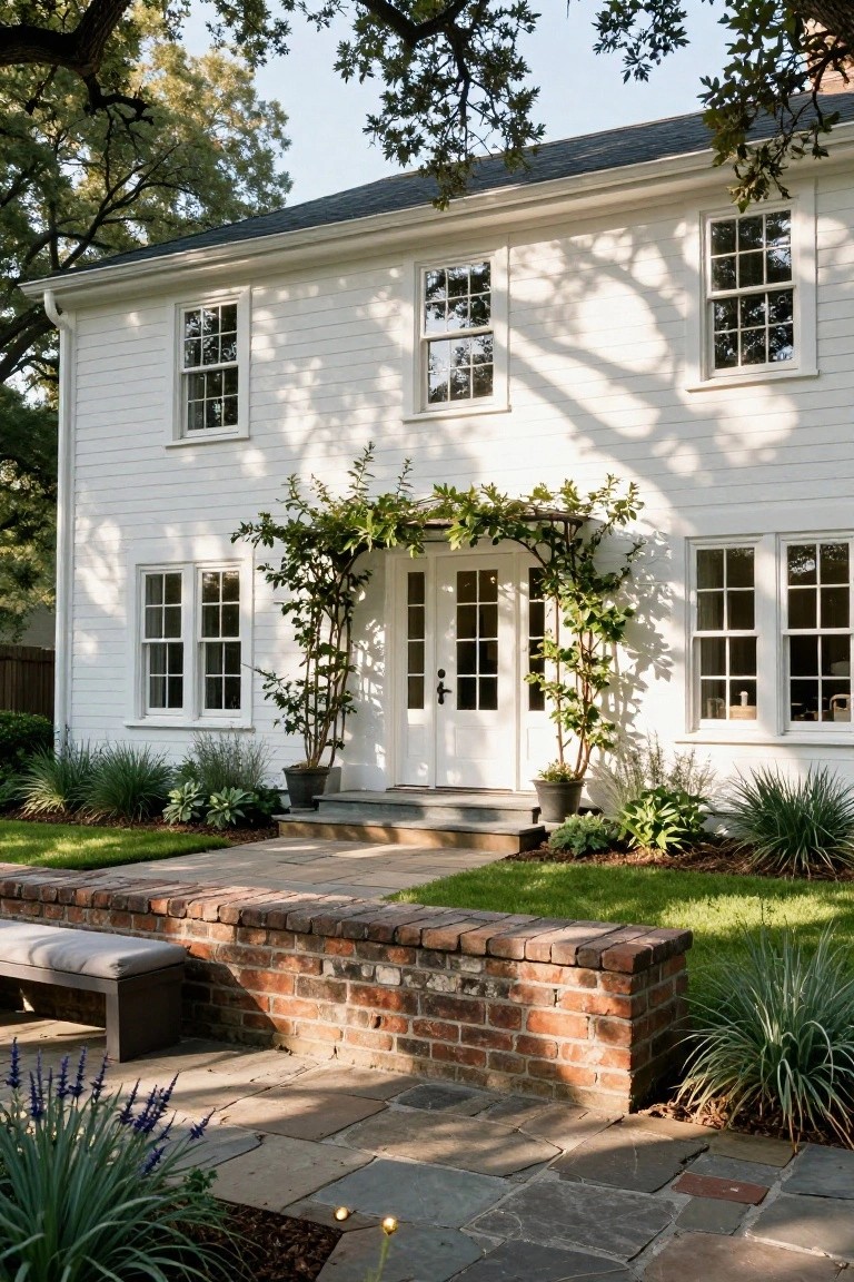 White clapboard colonial house exterior with double front doors under a vine-covered metal arch, stone entry steps, potted plants, brick wall with bench, and low landscaping.