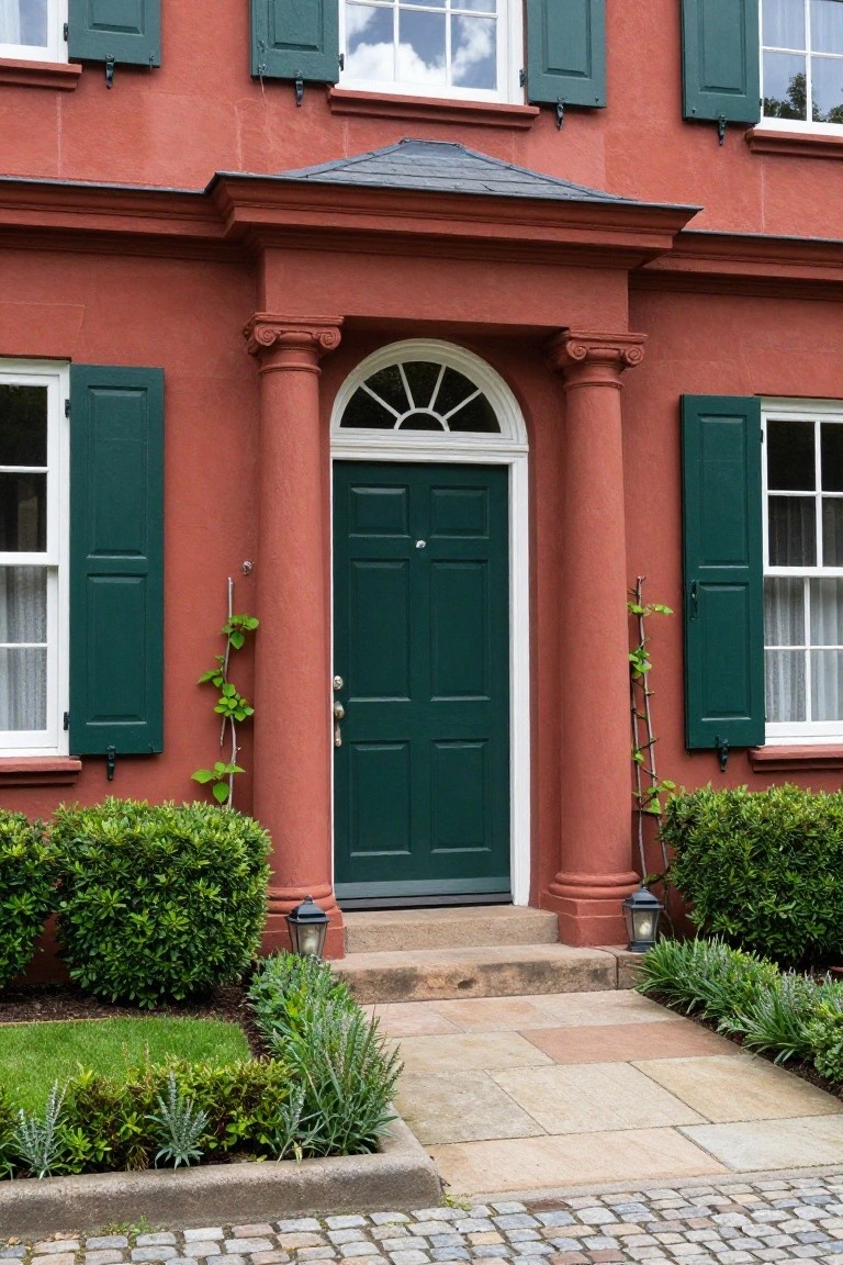 Red brick colonial house exterior featuring a deep green double front door under a portico with white columns, flanked by green shutters on windows, low shrubs, and stone steps leading to cobblestone street.