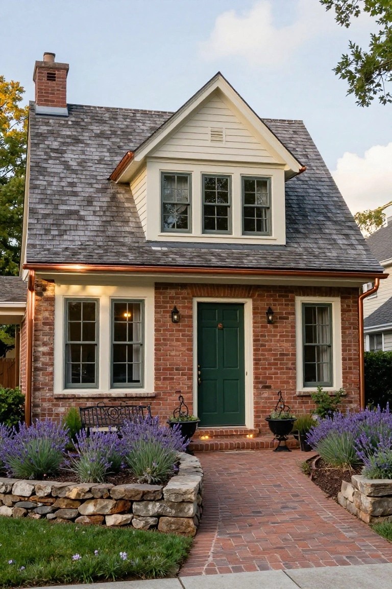 Small two-story house with brick lower level, cream clapboard siding, gray shingle roof with dormer, green front door flanked by lanterns, and lavender plants in stone beds along a brick path to the sidewalk.