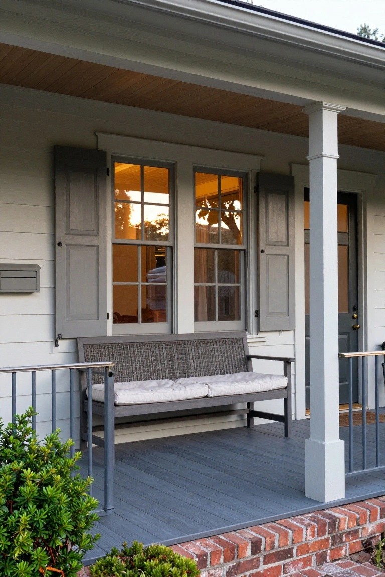 White colonial house exterior with gray shutters on multipane windows, a gray wicker bench with white cushions on the dark wood porch, white column, front door, and boxwood shrubs at the edge.