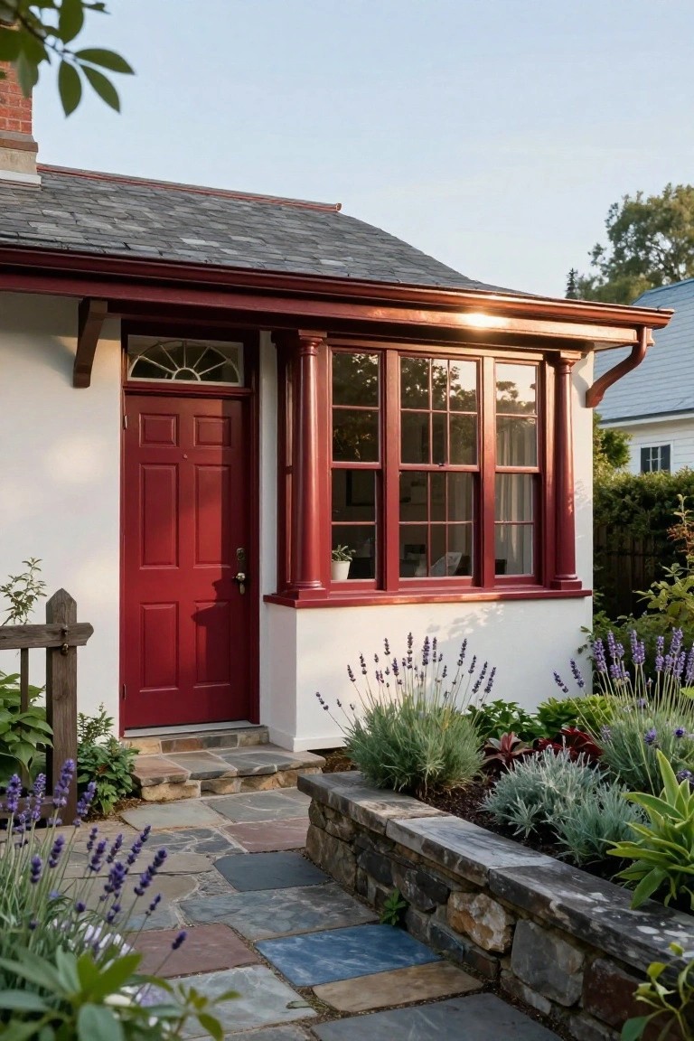 Colonial-style house exterior with red front door, red-framed bay window, white siding, slate roof, stone pathway, and lavender plants in the garden bed.