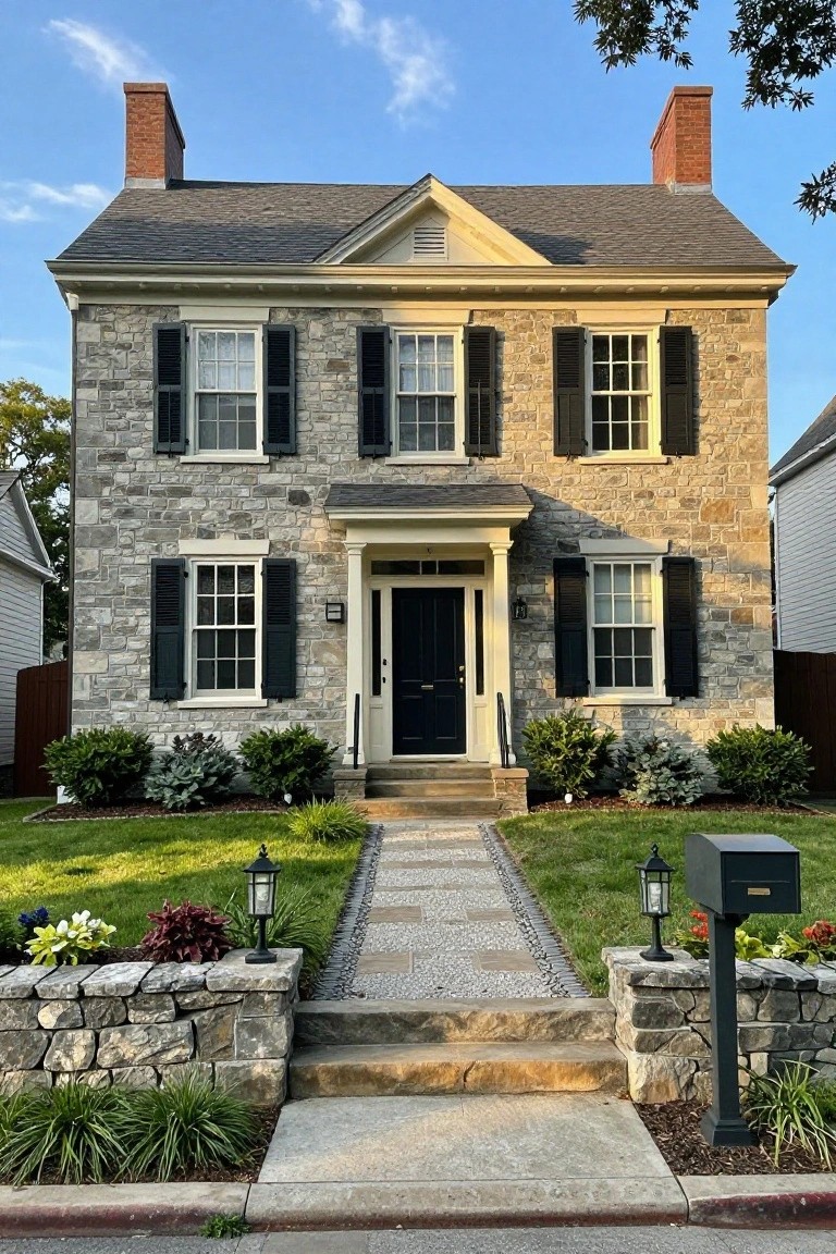 Two-story colonial house made of gray fieldstone with black shutters on white-trimmed windows, covered front porch with dark wood door, brick chimneys, stone entry steps, gravel path, low plantings, and lanterns.