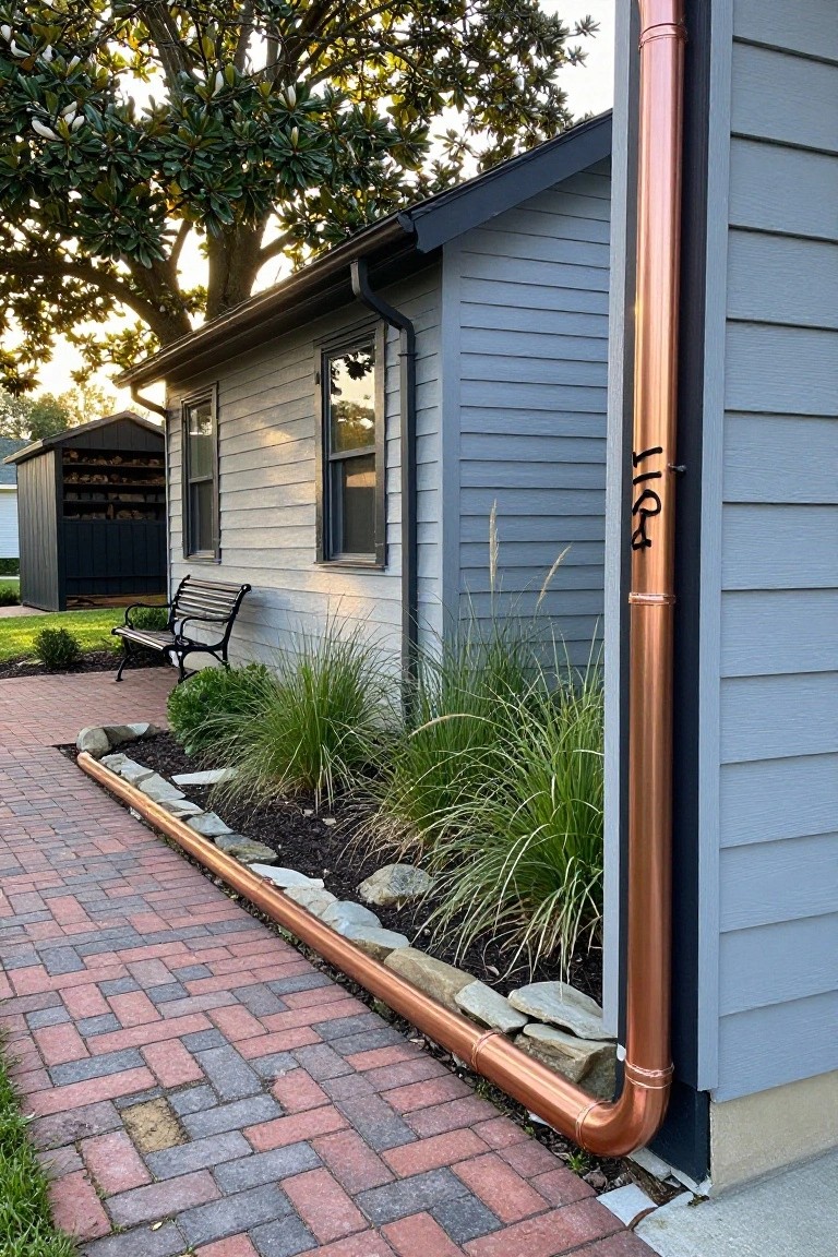 Side view of a light gray clapboard house with a shiny copper downspout and elbow at the base, house number 141P marked on the pipe, bordered by ornamental grasses, rocks, and a brick pathway leading to a bench.