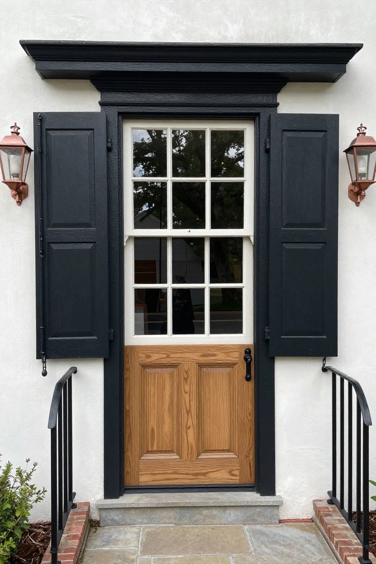 White stucco exterior wall of a house featuring black louvered shutters flanking a multi-pane transom window above a paneled oak wood front door, with copper lanterns mounted on the sides, black iron handrails, and stone steps on a brick-paver landing.