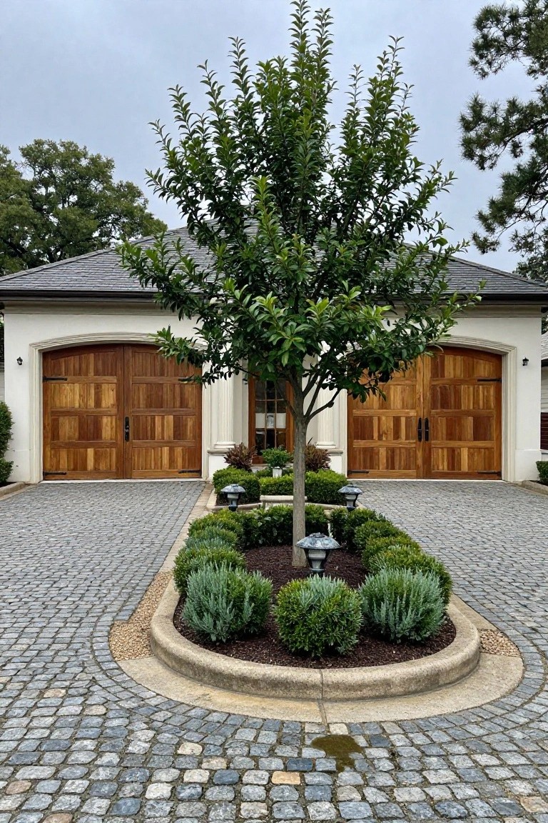Two-car garage with arched wooden paneled doors on a beige stucco house, central tree and boxwood shrubs in curved landscape bed, cobblestone driveway.