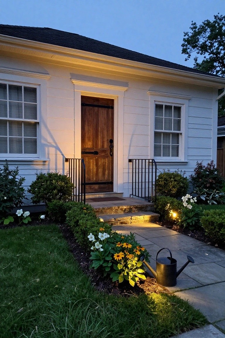 White clapboard colonial house at dusk with dark wooden front door, multi-pane windows, black wrought-iron railings on stone steps, slate entry path with low lights, boxwood shrubs, white and yellow flowers, and black watering can.