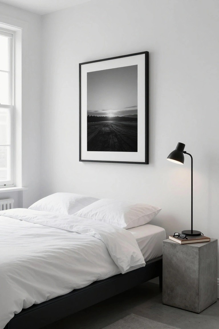 A minimalist bedroom with white walls and bedding, a large black-framed black-and-white landscape photo on the wall, black metal bed frame, black desk lamp on a concrete bedside table with glasses and a book, and a window with radiator below.