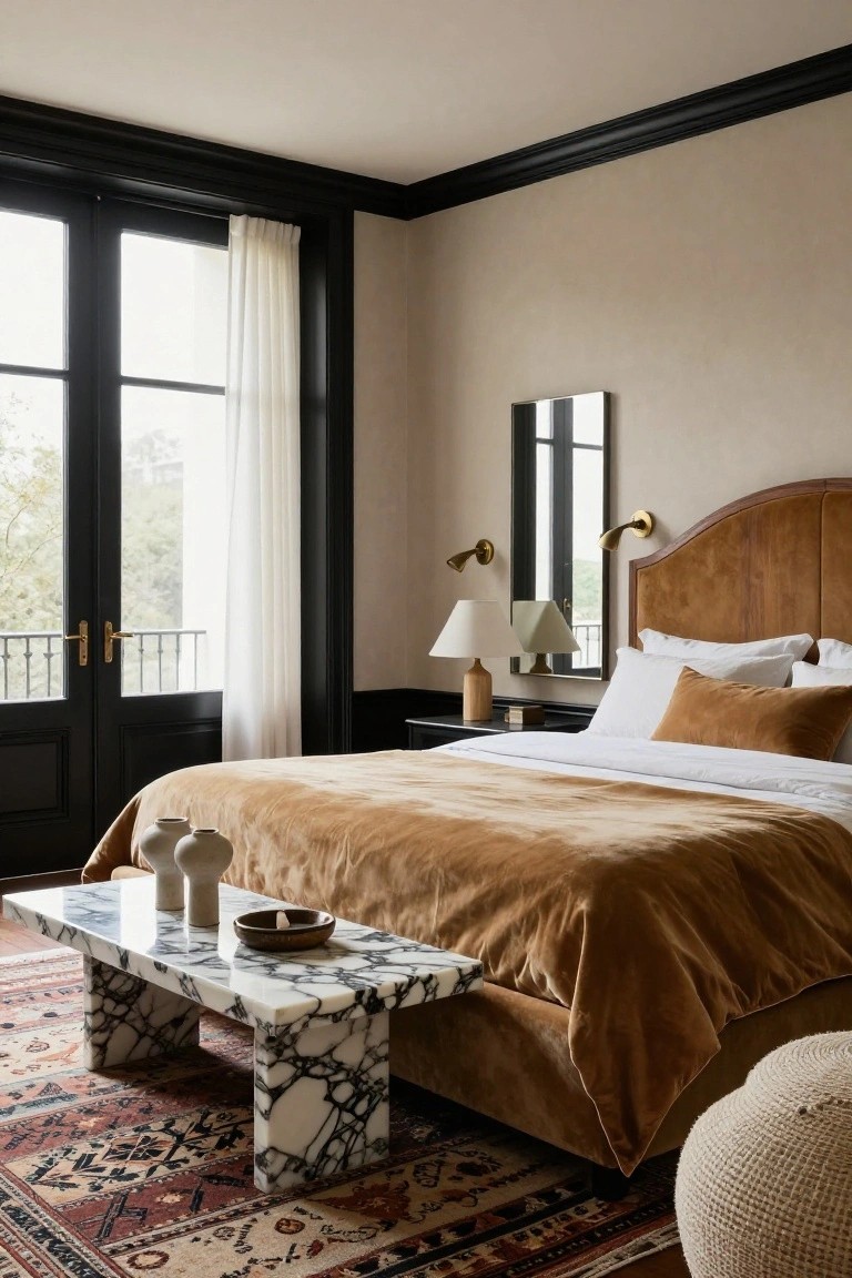 Bedroom with beige walls and black trim around black French doors, sheer curtains, wood and upholstered headboard, rust velvet bedding, white marble coffee table on red patterned rug, brass lamps, and white pouf.