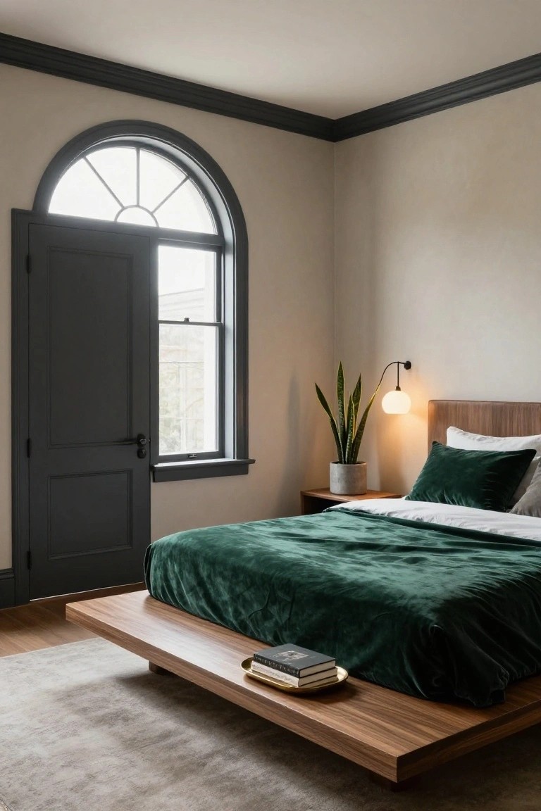 Bedroom with platform bed in green velvet bedding on walnut frame, open dark door next to arched window with black trim, beige walls, snake plant on nightstand, wall lamp.