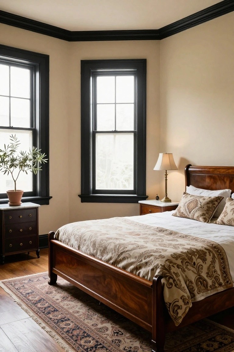 Corner view of a bedroom with pale beige walls and black trim framing two multipane windows, a mahogany sleigh bed with beige patterned bedding and pillows, matching nightstands, a lamp, potted olive tree, and Persian-style rug on hardwood floors.