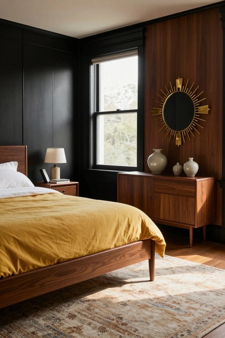 Bedroom with black paneled walls on one side, vertical wood paneling on the other, walnut wood bed draped in yellow bedding, matching nightstand and low dresser, gold sunburst mirror by a window with trees outside.