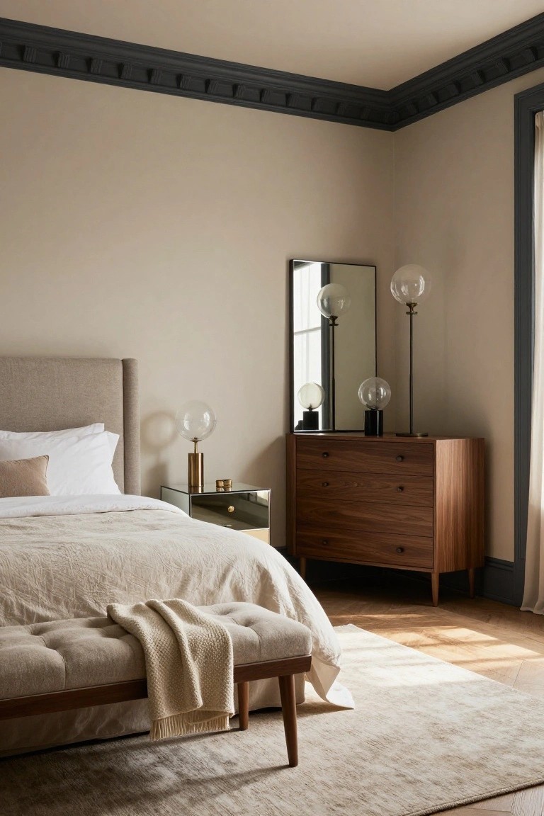 Beige bedroom with black painted trim on walls, ceiling cornice, and window frames, featuring a fabric-upholstered bed with white and beige linens, mirrored nightstand with brass and glass lamp, walnut low dresser, glass globe floor lamps, and wood bench with cream throw.