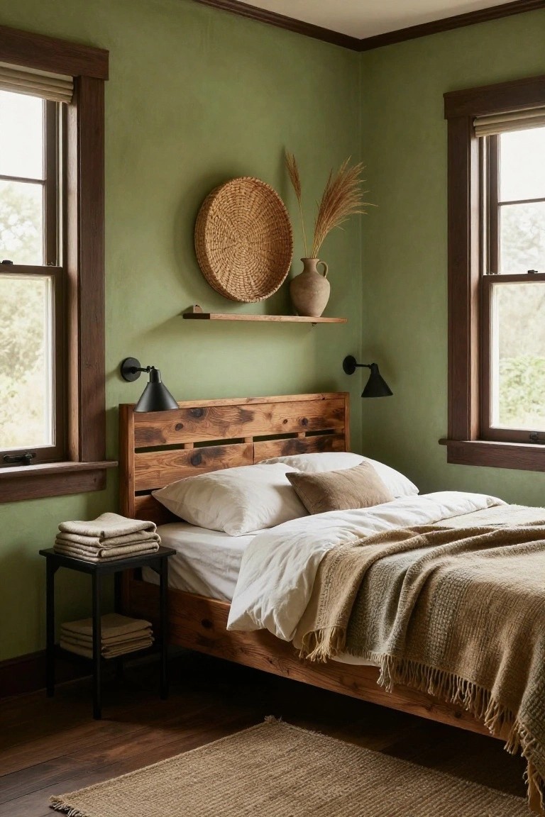 Bedroom corner with sage green walls, dark wood window frames and trim, reclaimed wood headboard bed with white sheets and beige throw, black sconces, side table with linens, woven basket wall decor, and seagrass rug on wood floor.