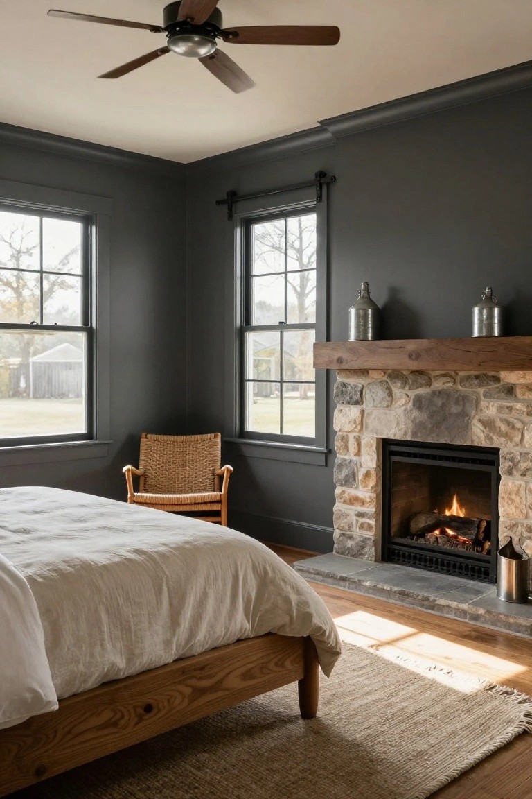 Corner bedroom with dark gray walls, lit stone fireplace on wood mantel, wooden platform bed with white linens, rattan armchair, ceiling fan, and large windows overlooking yard and trees.