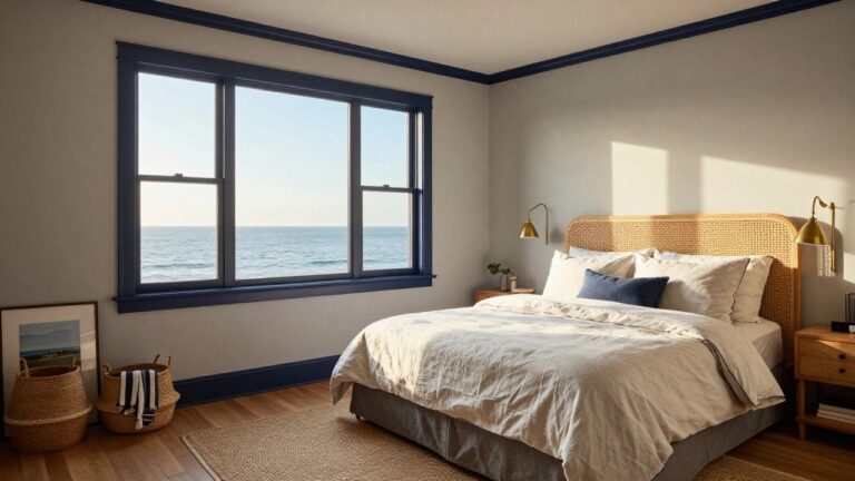 Bedroom with light gray walls and navy blue trim around a large multi-pane window overlooking the ocean, featuring a bed with white linens and striped throw, seagrass baskets, brass lamps, and hardwood floors with a round seagrass rug.
