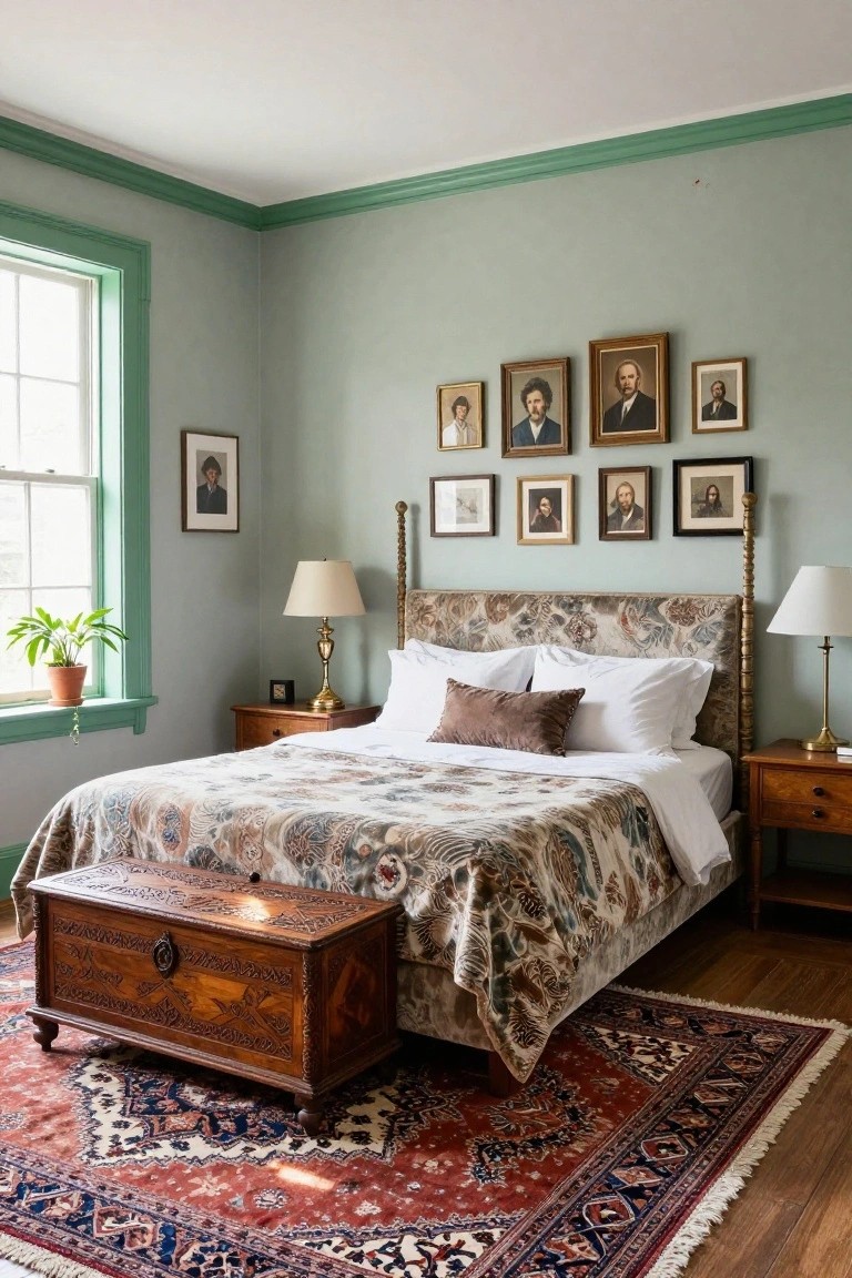 Bedroom with pale sage green walls and darker green trim on moldings, window frames, and ceiling, a upholstered four-poster bed with patterned coverlet, wooden chest at foot, brass lamps on nightstands, Persian rug on hardwood floor, and multiple framed portraits on walls.