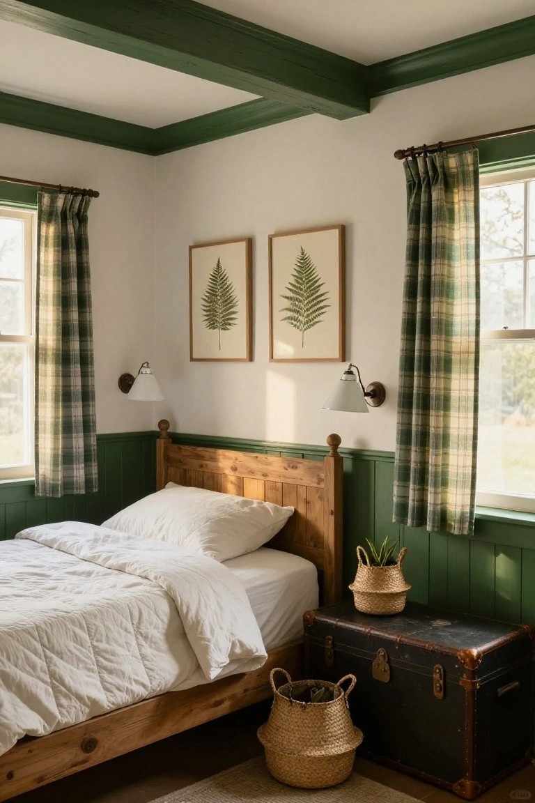 Bedroom with dark green painted wainscoting, ceiling beams, and window trim against white upper walls, wooden bed with white bedding, plaid curtains on windows, wall sconces, framed botanical prints, and seagrass baskets with plants.