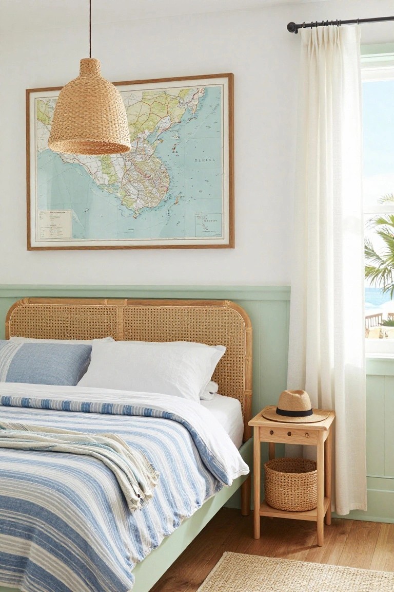 Bedroom with rattan headboard against mint green lower wall panels and white upper walls, rattan pendant light hanging above, framed map on wall, nightstand with straw hat and basket, striped bedding, and window with sheer curtains overlooking beach and palm trees.