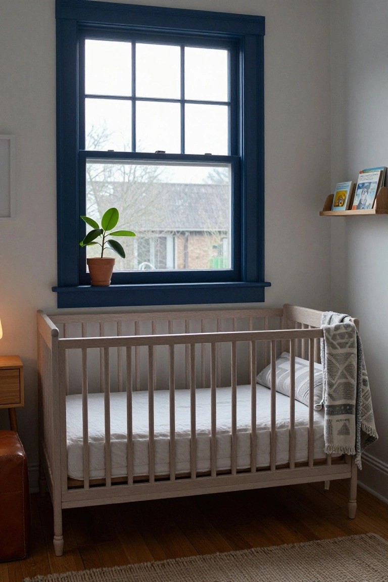Nursery bedroom with light gray walls, navy blue window frame and trim, white wooden crib with gray bedding, potted plant on windowsill, wooden side table and stool, and seagrass rug on hardwood floor.
