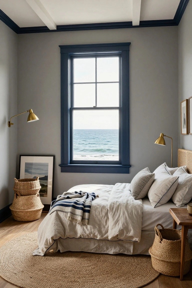 Bedroom with light gray walls and navy blue trim around a large multi-pane window overlooking the ocean, featuring a bed with white linens and striped throw, seagrass baskets, brass lamps, and hardwood floors with a round seagrass rug.