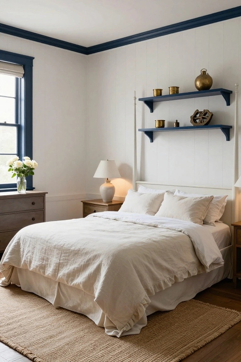 Bedroom with white shiplap walls and navy blue trim on ceiling, windows, and shelves above the bed, featuring a white wooden bed with beige linens, wooden nightstands and dresser, white roses in vase, and seagrass rug on hardwood floor.