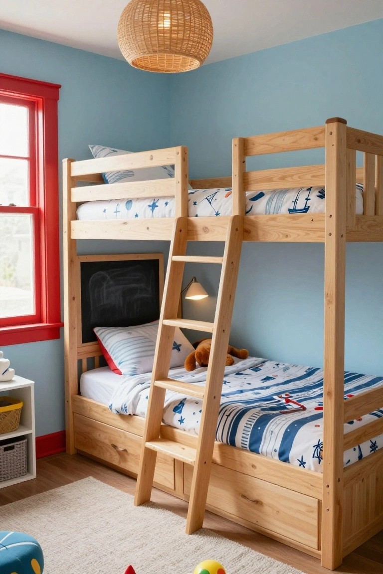 Children's bedroom with light blue walls, red window and baseboard trim, wooden bunk bed with nautical bedding and chalkboard headboard, teddy bear, toys, and woven pendant light.