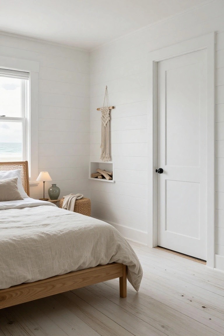 Bedroom corner showing white horizontal shiplap walls, smooth white paneled door with black knob, light oak platform bed with beige linen bedding draped over edge, rattan pouf with white throw, bedside lamp and vase on wood table, macrame hanging in wall niche with driftwood, and window with roller shade overlooking cloudy ocean.