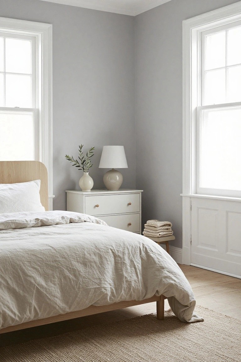 Bedroom corner featuring light gray walls, white window and door trim, wooden bed frame with white linens, white dresser with ceramic lamp and olive branch vase, stacked towels on a stool, seagrass rug, and hardwood floors.