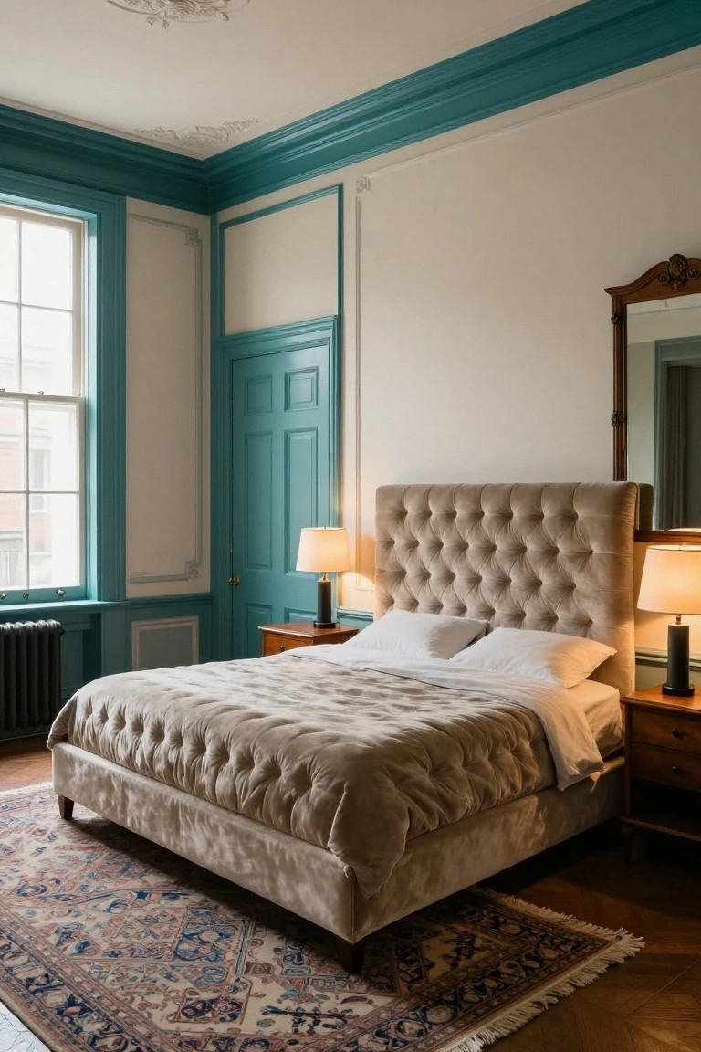 Bedroom with cream walls and bright teal trim on doors, windows, and moldings, beige tufted upholstered bed, wooden nightstands with lamps, radiator, and patterned rug on parquet floor.