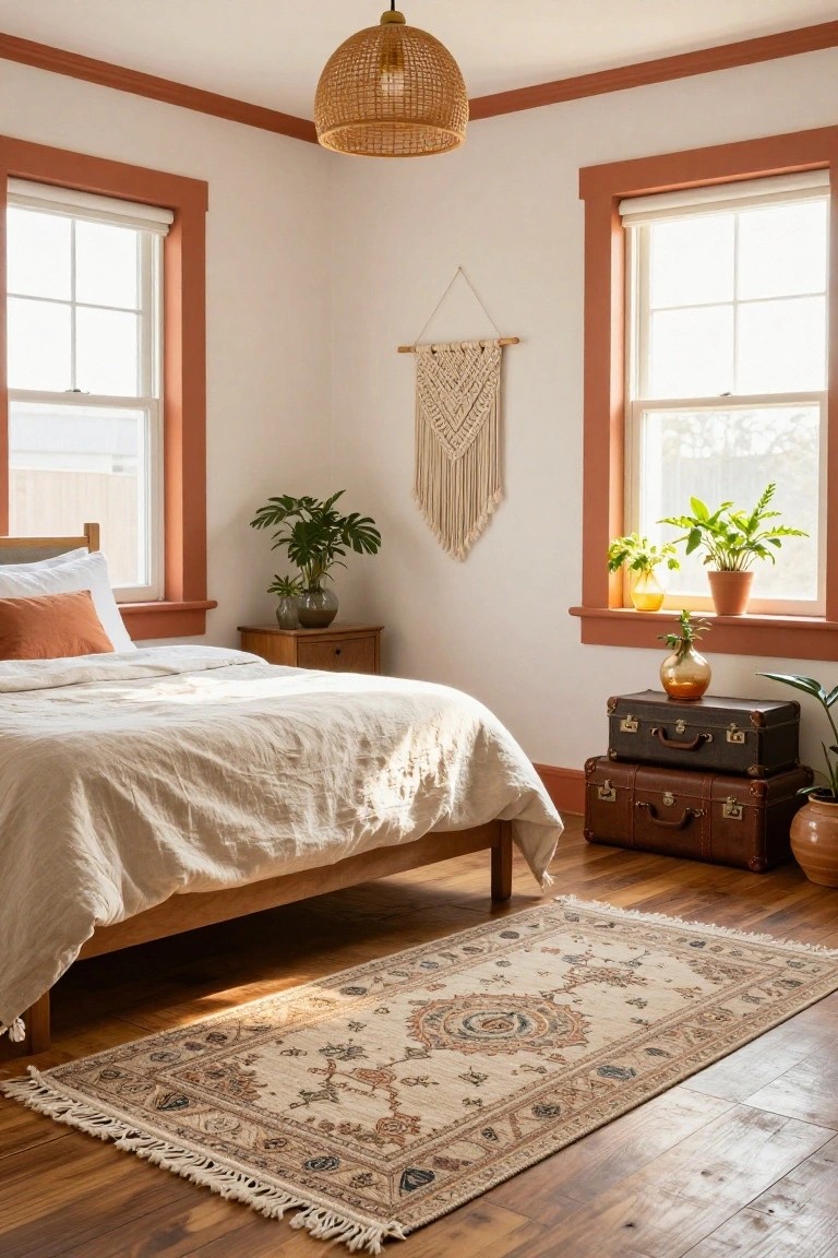 Bedroom with white walls and terracotta trim around windows and corners, wooden bed frame with white linens and orange pillow, plants in pots, macrame wall hanging, wooden side table, and stacked vintage suitcases on hardwood floor.