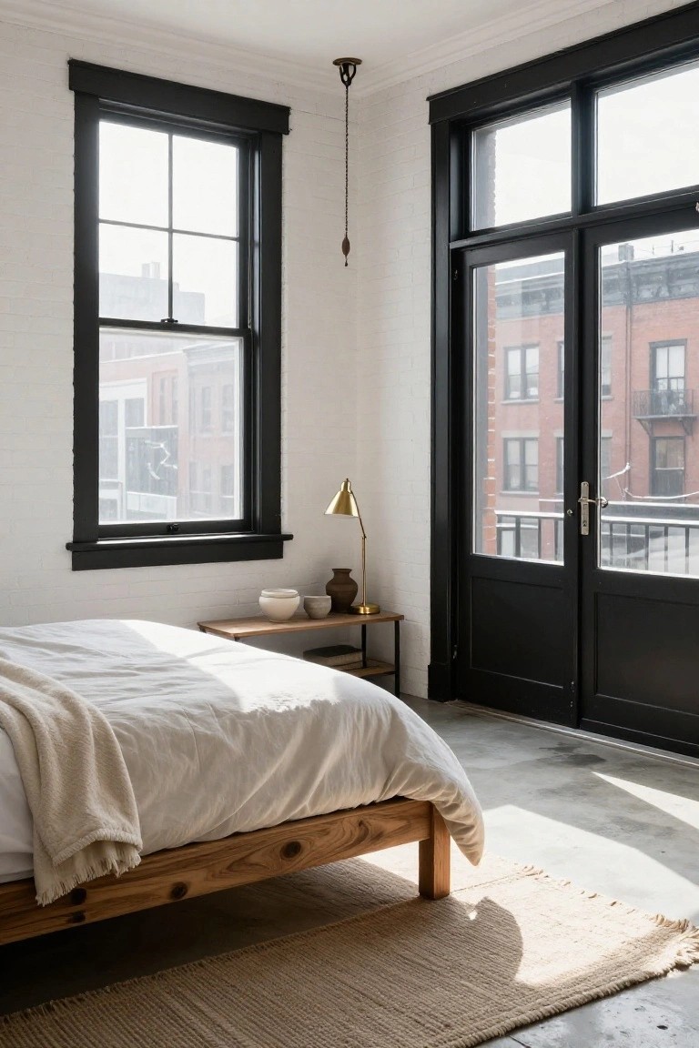 Sunlit bedroom with white walls, black-framed double-hung windows and French doors overlooking brick city buildings, wooden platform bed with white linens and throw, side table holding pottery and brass lamp on concrete floor with seagrass rug.