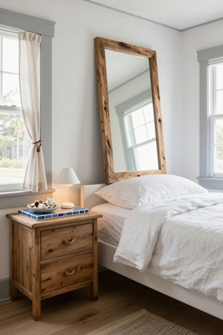Bedroom with white walls and gray trim, featuring a low white bed with pillows and duvet, wooden nightstand topped with blue tray of shells and white lamp, tall wooden mirror, and two windows with sheer curtains.