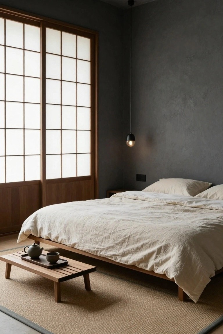 Bedroom interior featuring dark gray textured walls, wooden shoji sliding doors and frames, low platform bed with white linens, low wooden table holding a teapot and cup, and beige tatami-style rug on the floor.