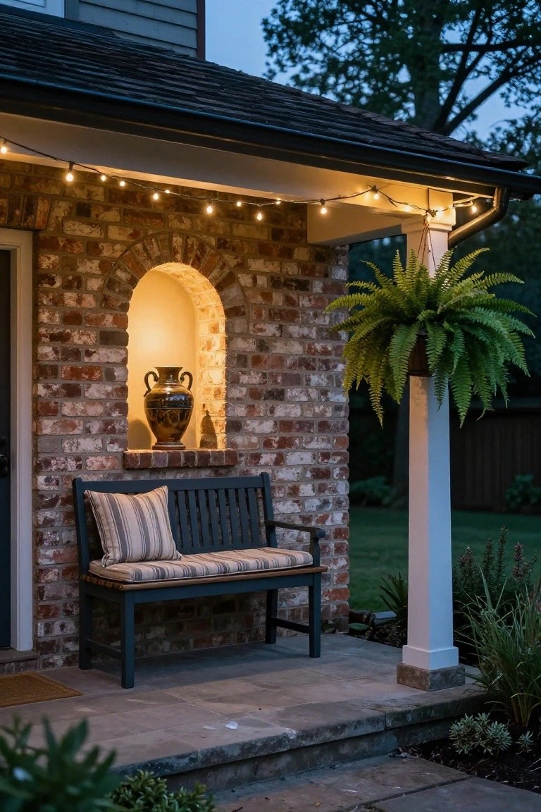 Brick porch exterior at dusk with arched illuminated niche in wall holding black urn and small statue, navy bench with striped cushions, hanging fern plant, string lights overhead, white column, door, and front steps with plants.