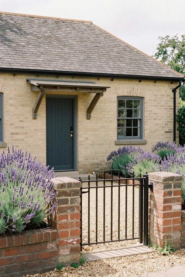 Buff brick cottage exterior with dark paneled door under wooden porch overhang, flanked by lavender shrubs against the walls and brick pillars supporting a black metal gate on gravel path.