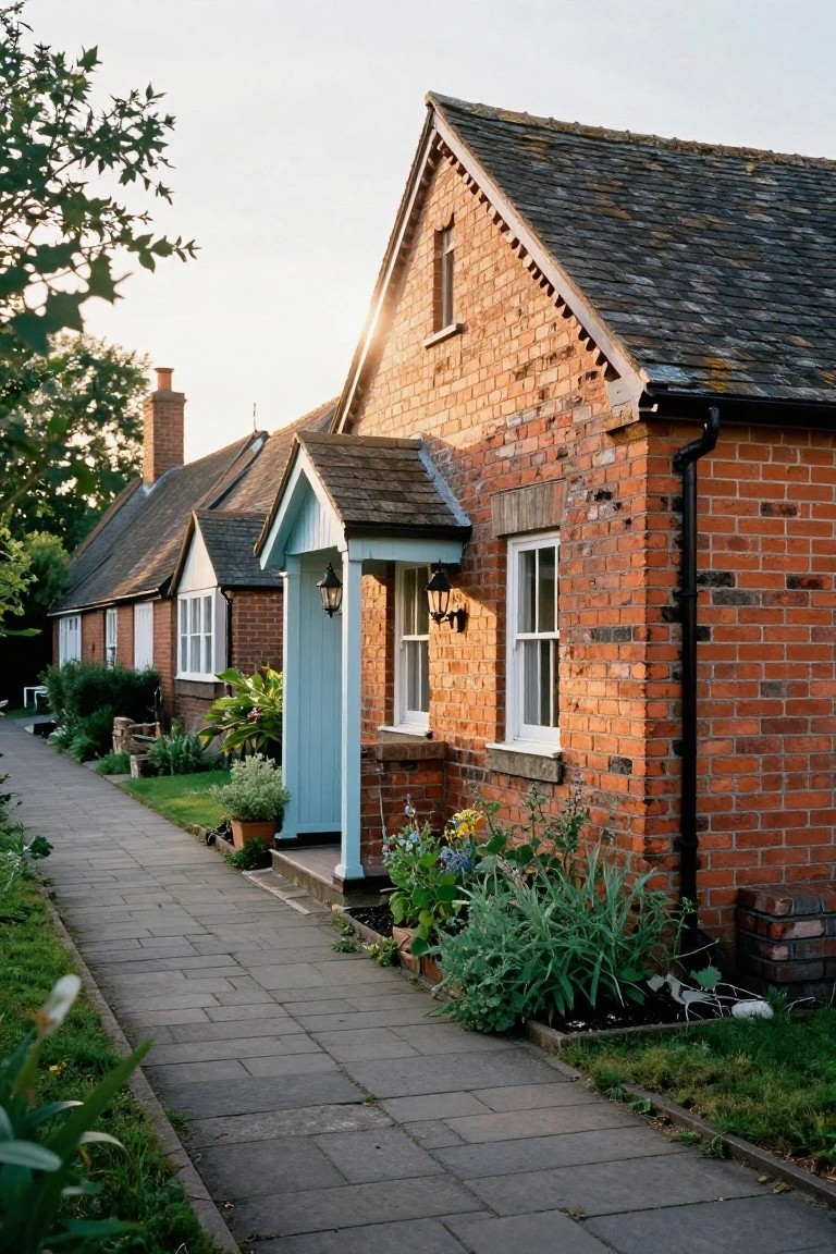 Row of three brick cottages with slate roofs along a paved path, featuring a central house with light blue porch canopy, hanging lanterns, and front gardens.