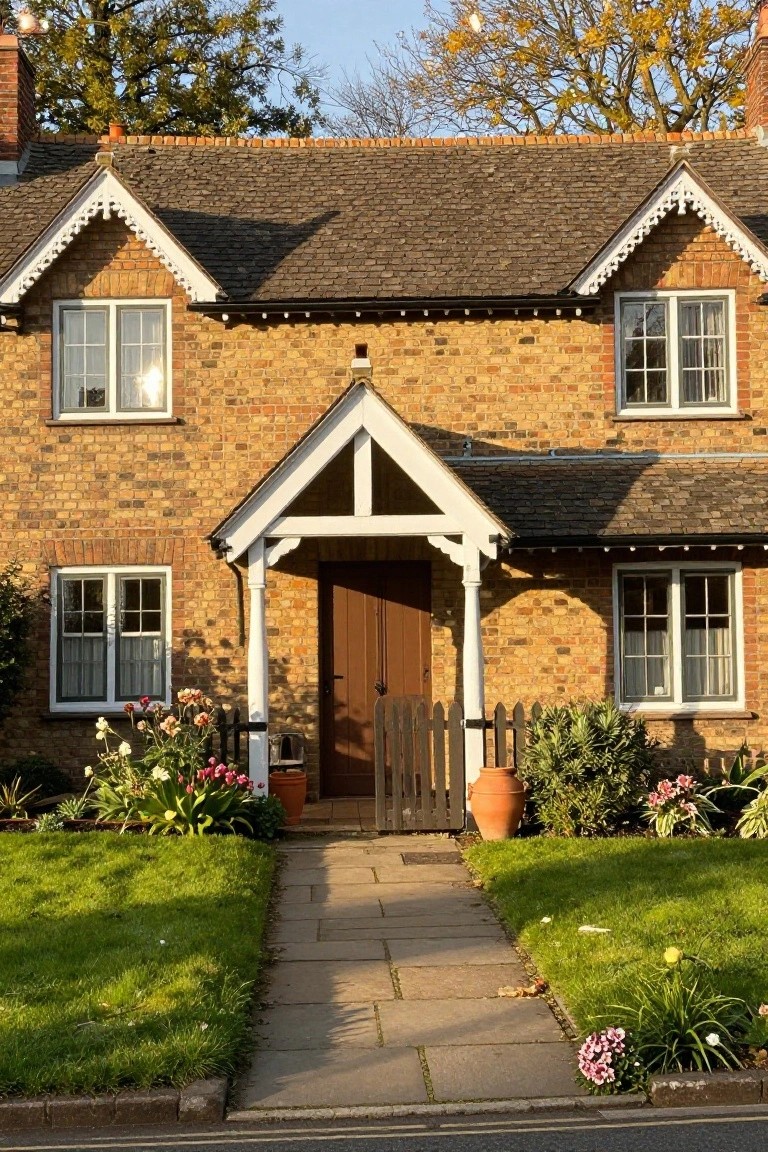 A brick cottage house with white gabled porch over the brown front door, flanked by white posts, a small picket gate, stone path, flower beds, and green lawn.