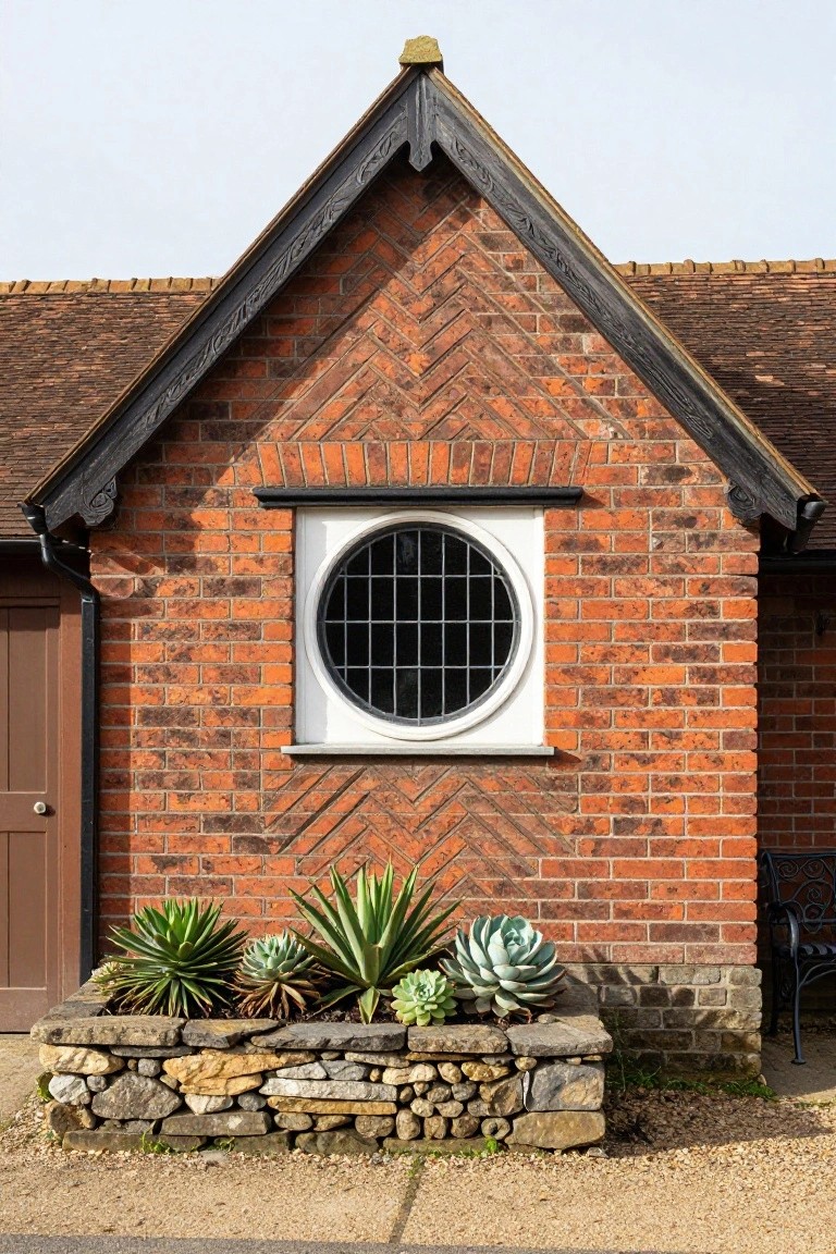 Red brick gable end of a cottage exterior with dark timber framing, a white-framed circular window with black bars, brown garage door to the left, and stone planter box with agave and succulents in front.