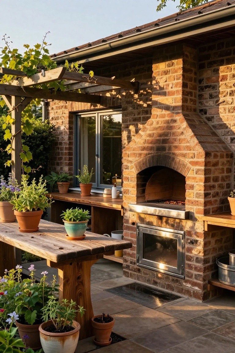 Brick pizza oven built into a wooden outdoor kitchen counter on a stone patio, with potted plants, herbs, a wooden table, and grapevine pergola nearby.