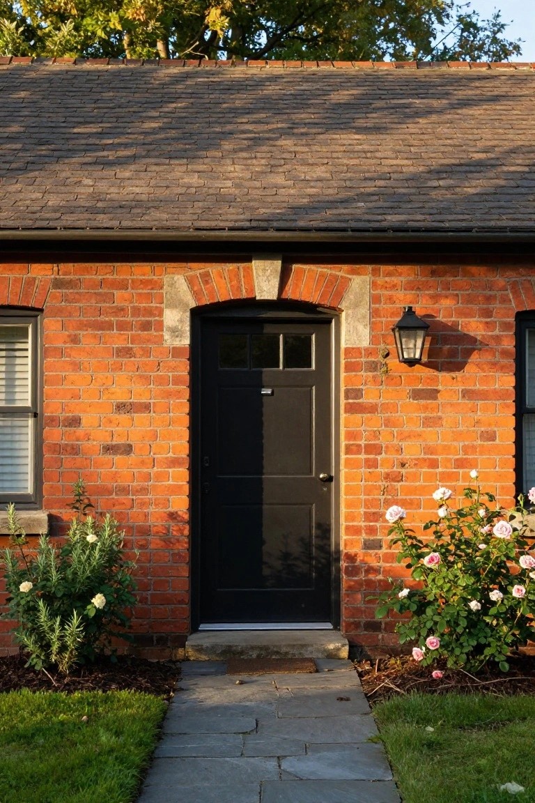 Red brick cottage exterior with arched black front door, lantern light on the wall, rose bushes and rosemary along the side, and a stone pathway leading to the entry.