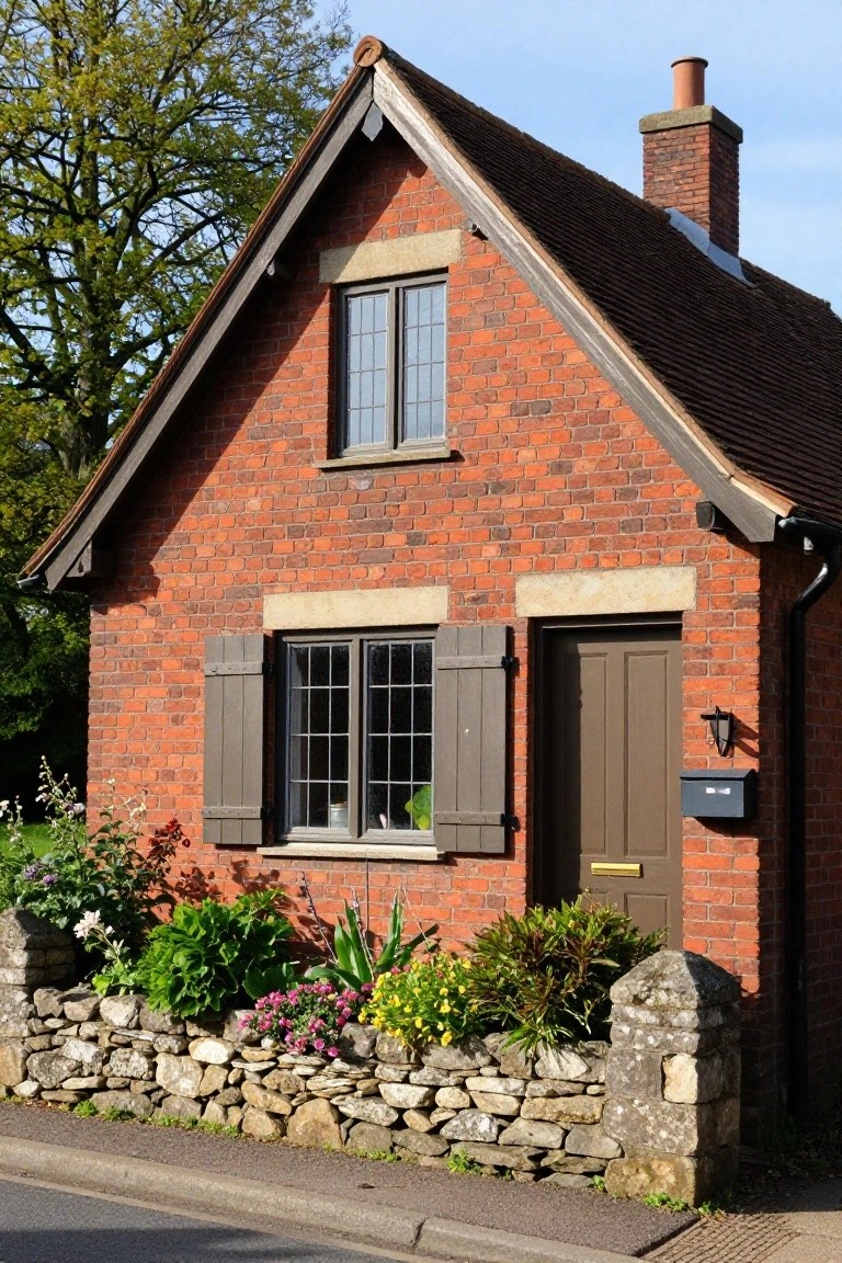 Red brick cottage house with gabled roof, wooden shutters on leaded windows, brown front door, stone lintels, chimney, and low stone garden wall with plants along a roadside.