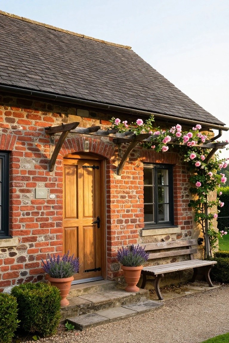 Brick cottage exterior with arched wooden door under wooden pergola covered in pink climbing roses, lavender pots on steps, wooden bench, and gravel path.