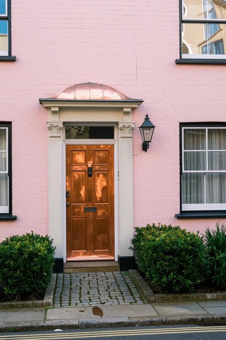 Pink brick house facade with copper six-panel front door, white pediment porch, black lantern light, and boxwood shrubs beside a setts path on a street.