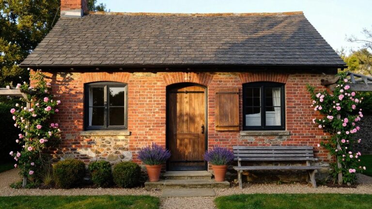 15 Cottage Exterior Brick Ideas That Show Timeless Texture Brick cottage exterior with arched wooden door under wooden pergola covered in pink climbing roses, lavender pots on steps, wooden bench, and gravel path.