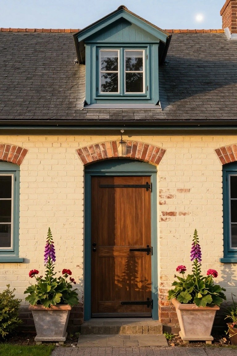Yellow brick cottage facade with teal-painted window and door frames, arched brick details, dark wooden front door, and two large terracotta pots containing purple foxgloves and red geraniums flanking the entrance, set against a slate roof and stone path.