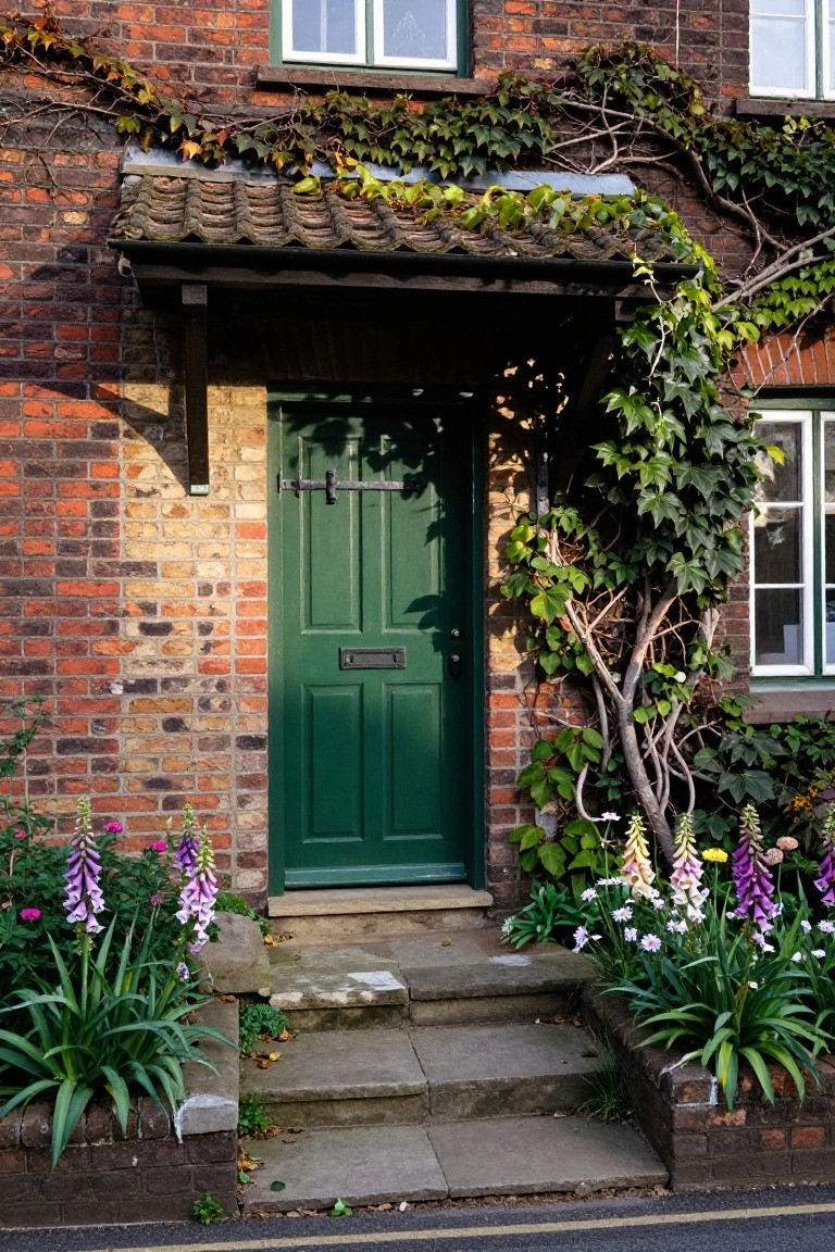 Red brick cottage exterior with ivy climbing the walls and porch, dark green wooden front door with letterbox, foxglove flowers in planters beside stone steps, and upper windows.