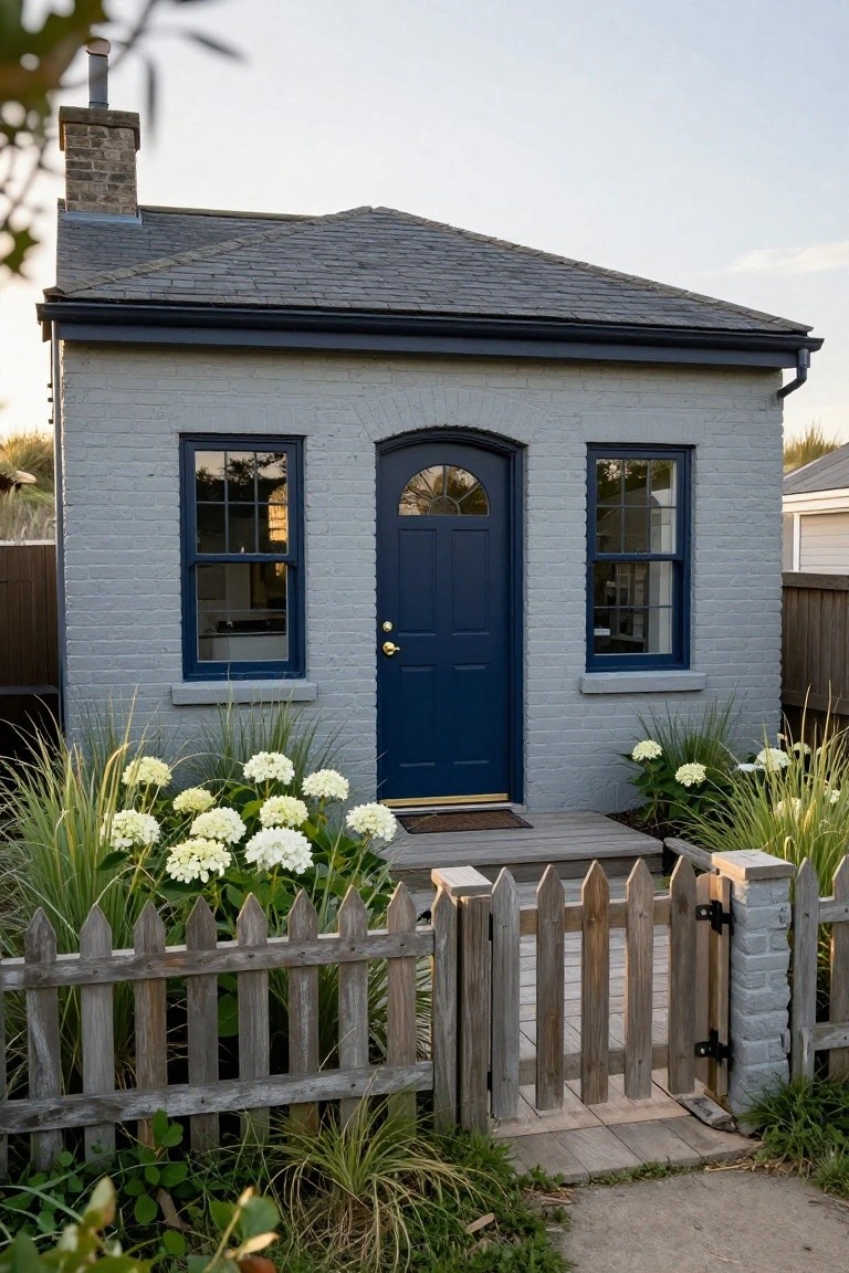 Small single-story brick cottage painted pale gray with navy blue arched front door, matching window frames, brick chimney, slate roof, white hydrangeas in garden beds, picket fence, and wooden entry steps.