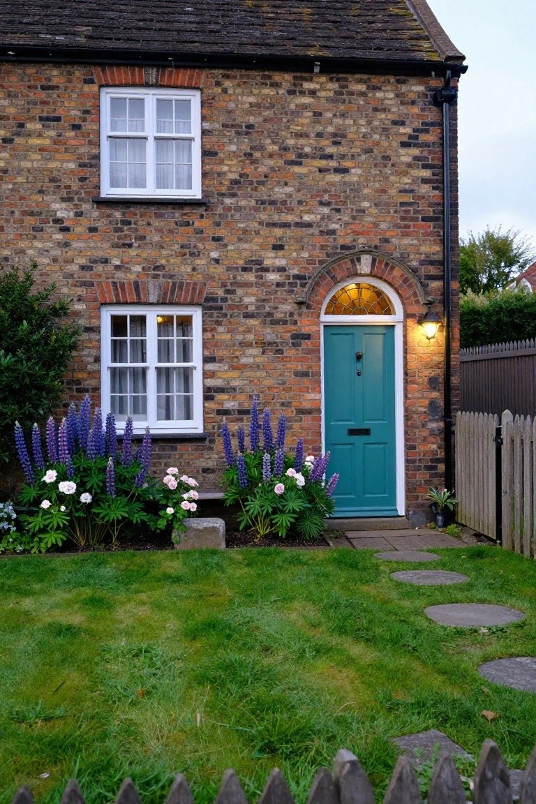 Brick cottage exterior featuring a turquoise front door with brass hardware under an arched stained-glass window, flanked by purple lupine flowers and white hydrangeas, a stepping-stone path across green lawn, and picket fence in foreground.